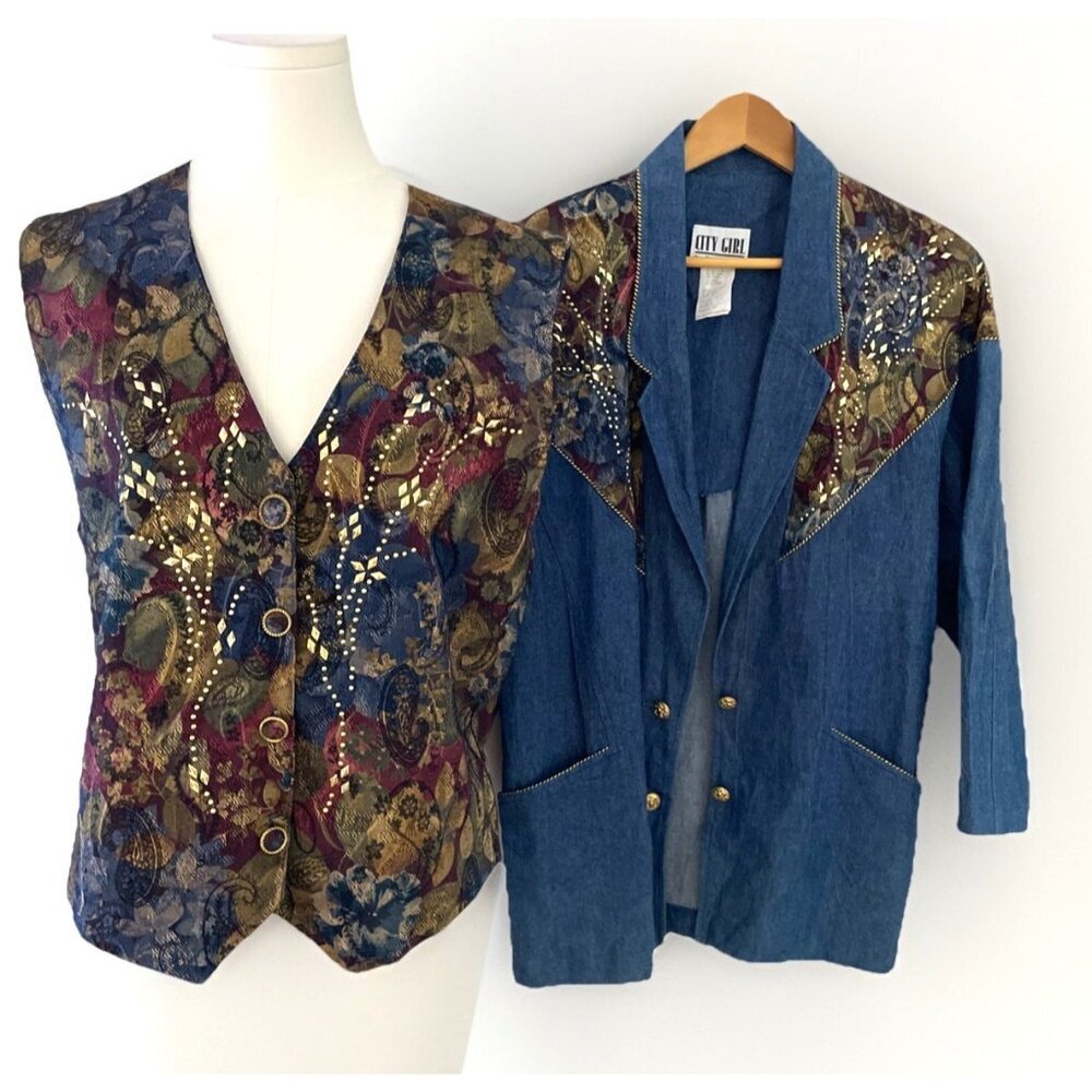 Vintage 90s City Girl Vest and Jacket Women's 6 Blue Chambray Floral Tapestry